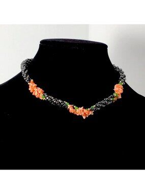 Pink Coral Jade Hematite Necklace Vintage 16”